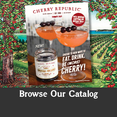 Summer 2023 catalog cover with cocktails and cocktail cherries